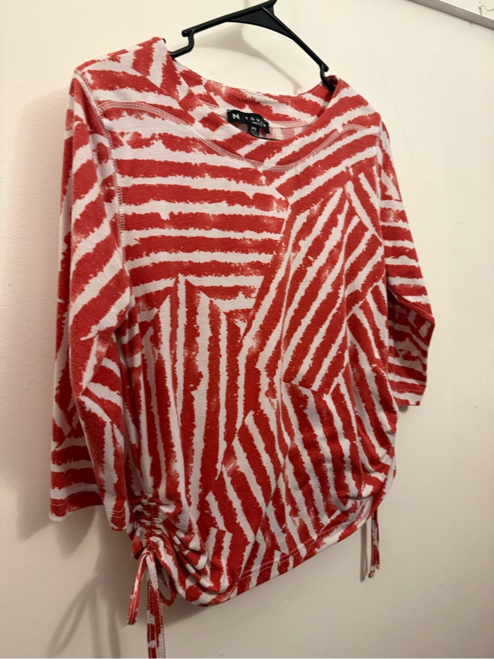 NY Collection Red and White Striped V-Neck Drawstring Pullover. Size Small